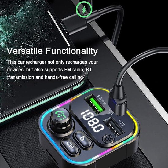 FM Transmitter Auto – Bluetooth 5.3 Carkit – USB-C Snellader 22.5W – USB-A & SD Kaart – Zwart-Ilumina Benelux
