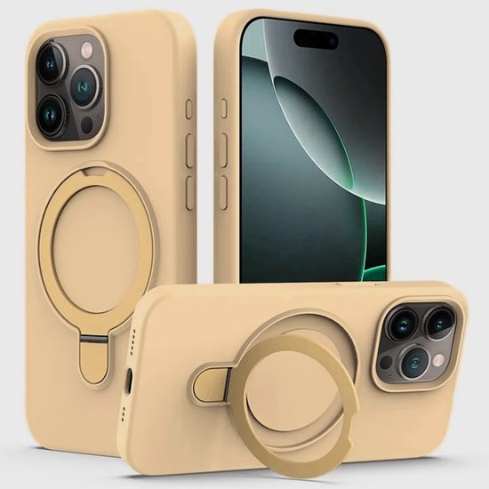 iPhone 14 Hoesjes – Siliconen Backcover met Kickstand – MagSafe – Full Cover Glas – Schokbestendig – Goud-Ilumina Benelux