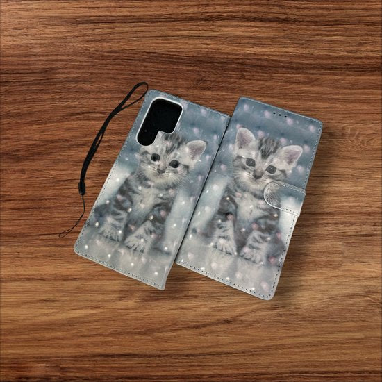 Samsung Galaxy S22 Ultra Hoesjes – Portemonnee Bookcase – Pasjeshouder – Magneetsluiting – Kat Print-Ilumina Benelux
