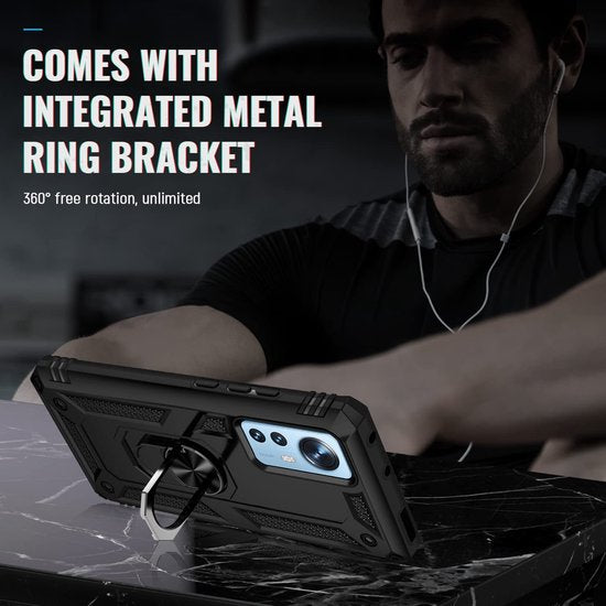 Xiaomi 12 / 12X Hoesjes – Ring Armor Backcover – 360° Draaibare Standaard – Magneet – Zwart-Ilumina Benelux