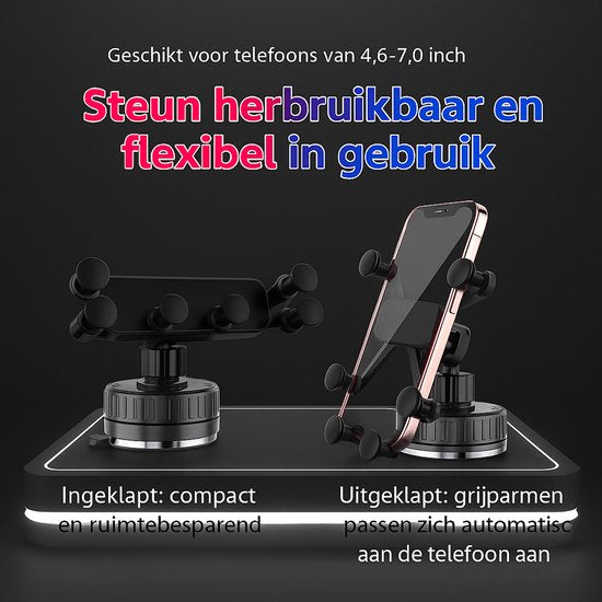 Telefoonhouder auto – Vacuüm zuignap – Voor dashboard & scherm – 360° draaibaar – Zwart-Ilumina Benelux