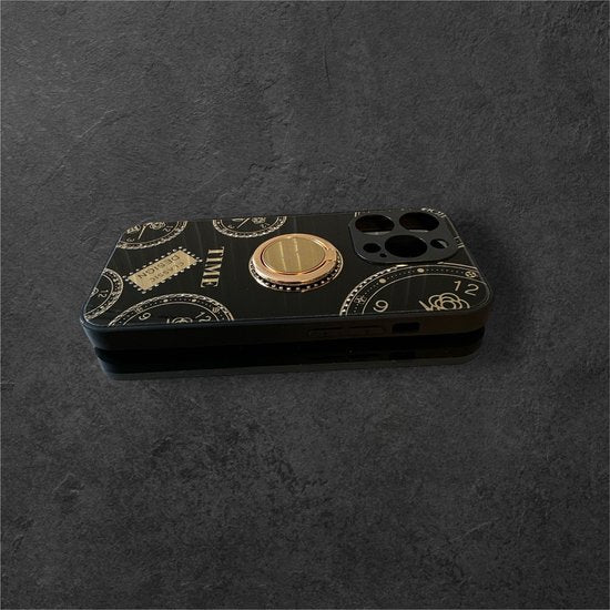 iPhone 13 Hoesjes – Ringhouder Backcover – Klokdesign met Steentjes – Vrouwelijk – Zwart-Ilumina Benelux
