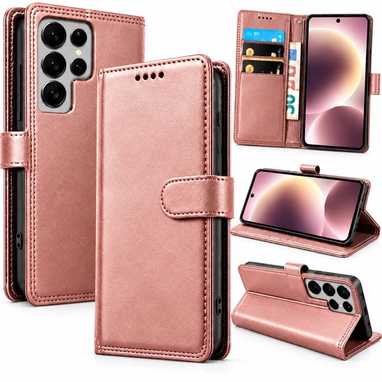 Bookcase Hoesje Geschikt voor Samsung Galaxy A57 - Luxe PU Kalfsleer Telefoonhoes- Portemonnee Hoesje met Kaartvakken, Contant Geldvak, Magneetsluiting & Standaardfunctie - Roségoud