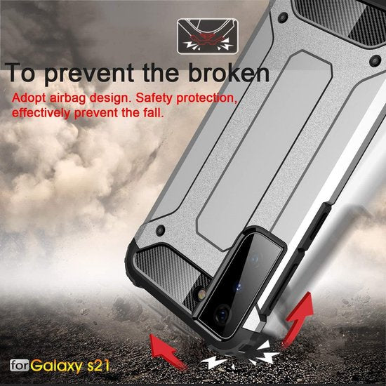 Samsung Galaxy S21 5G Hoesjes – Armor Hybrid Backcover – Schokbestendig – Zilver-Ilumina Benelux