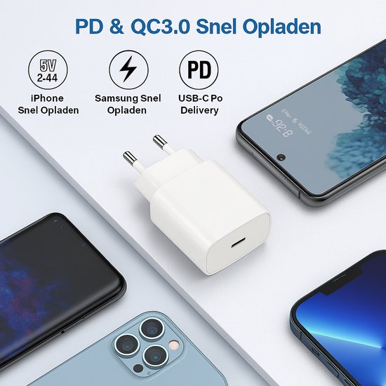 USB-C Oplader – Geschikt voor iPhone 14/13/12/11/XR/XS – 25W Snellader + 3m Kabel – 3-Pack – Wit