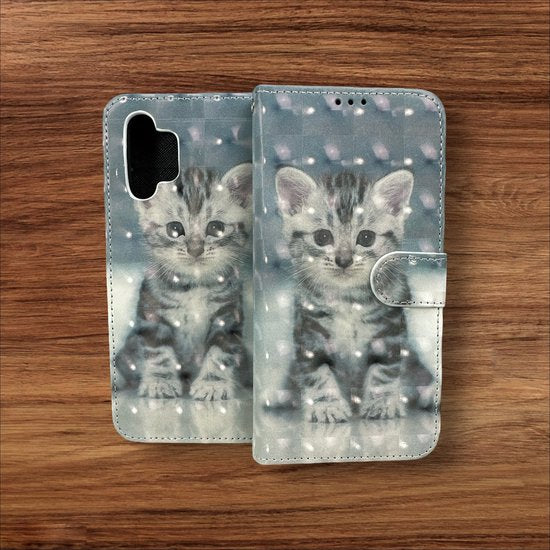 Samsung Galaxy A32 4G Hoesjes – Portemonnee Book Case – Pasjeshouder – Magneetsluiting – Kat Print-Ilumina Benelux