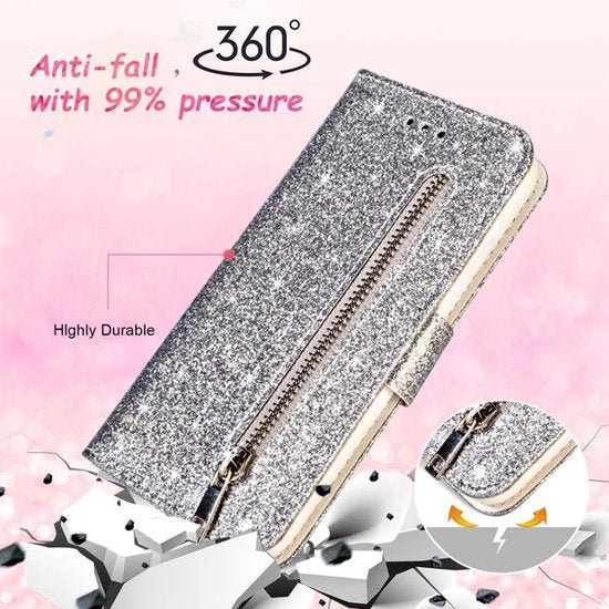 Samsung Galaxy A12 / M12 Hoesjes – Glitter Portemonnee Hoes – Rits & Koord – Zilver-Ilumina Benelux