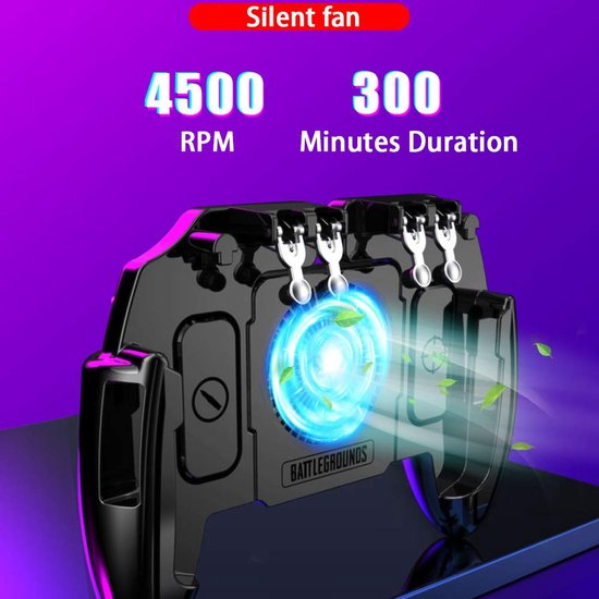 PUBG Mobiele Telefoon Game Controller met Koelventilator – 6 Vinger Bediening – L1R1 Mobiele Trigger Joystick – Geschikt voor iPhone & Android 4–6,8 inch Smartphone – Ergonomisch – Met 800mAh Ventilator