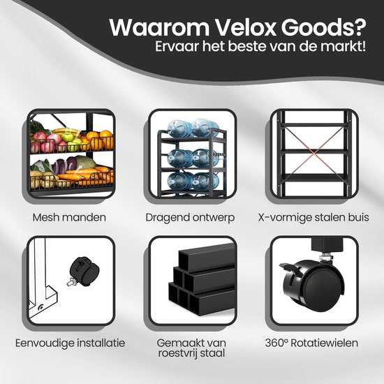 Keukenrek – Velox Goods VL-523 4-Laags Opbergrek met Magnetronplank – Metalen Staand Rek – Zwart-Keukenmeubelset-Ilumina Benelux