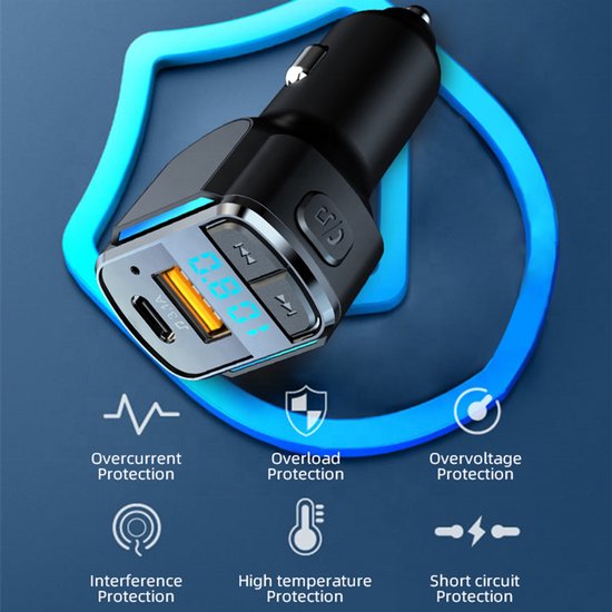 FM Transmitter auto – Bluetooth 5.0 Car Kit – Handsfree bellen – Type-C & USB-A snellader 3.1A – Zwart-Ilumina Benelux
