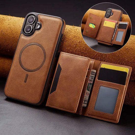 iPhone 16 Hoesjes – MagSafe Wallet Case – Pasjeshouder 8 Kaartvakken – RFID-bescherming – Bruin-Ilumina Benelux