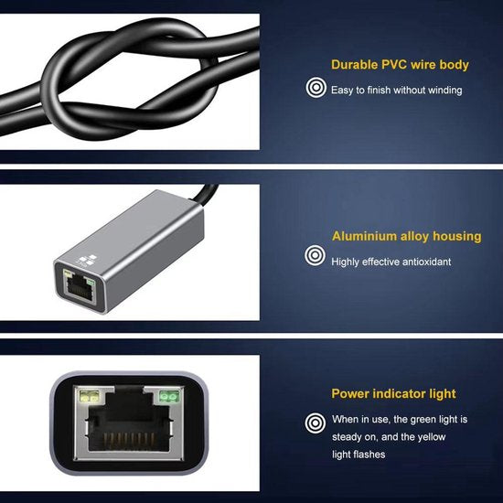 USB Ethernet Adapter – Gigabit 1000 Mbps – USB-A & USB-C naar RJ45 – Plug & Play – Zwart-Ilumina Benelux