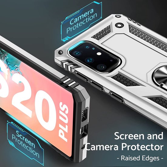 Samsung Galaxy S20 Plus Hoesjes – Ring Armor Backcover – 360° Draaibare Standaard – Magneet – Zilver-Ilumina Benelux