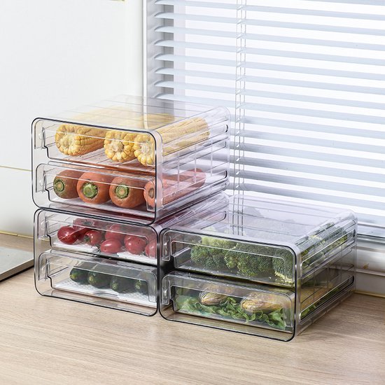 Koelkast organizer – Stapelbare PET opbergbox lade – Voor groente, fruit & vlees – 24×21,5×14 cm – Transparant-Keukenkastorganizer-Ilumina Benelux