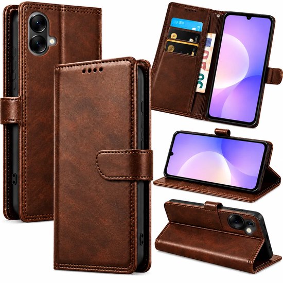Bookcase Hoesje Geschikt voor Samsung Galaxy A07 - Luxe PU Kalfsleer Telefoonhoes- Portemonnee Hoesje met Kaartvakken, Contant Geldvak, Magneetsluiting & Standaardfunctie - Bruin