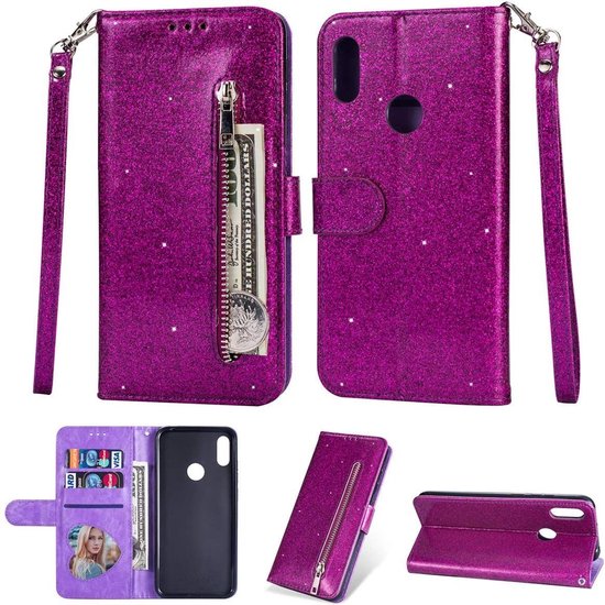 Glitter Wallet Case Geschikt voor: Samsung Galaxy A10s Hoesje met Rits, Koord en Pasjeshouder - Paars