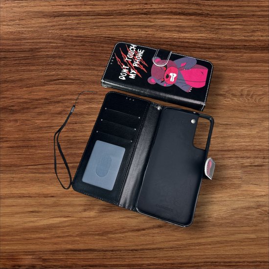 Samsung Galaxy S21 FE Hoesjes – Portemonnee Book Case – Pasjeshouder – Magneetsluiting – Don't Touch My Phone Print-Ilumina Benelux