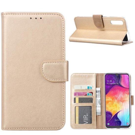 Samsung Galaxy A30S Hoesjes – Portemonnee Hoes – Magneetsluiting – Pasjeshouder – Goud + 2x Gehard Glas Screenprotector