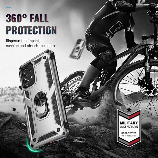 Samsung Galaxy A73 5G Hoesjes – Anti-Shock Hybride Ring Armor Backcover – Schokbestendig – Zilver-Ilumina Benelux
