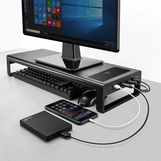 Monitorstandaard – Schermverhoger – Draadloze Oplader – USB 3.0 HUB – Zwart-Monitorstandaard-Ilumina Benelux