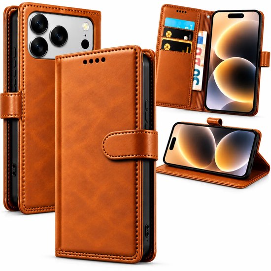 Bookcase Hoesje Geschikt voor iphone 17 Pro - Luxe PU Kalfsleer Telefoonhoes- Portemonnee Hoesje met Kaartvakken, Contant Geldvak, Magneetsluiting & Standaardfunctie - Khaki