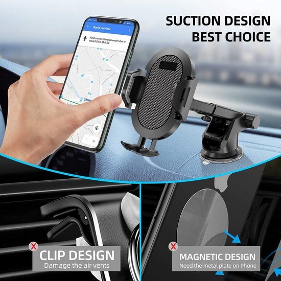 Telefoonhouder auto – Zuignap Dashboard – Klemhouder – 360° Draaibaar – Geschikt voor iPhone Samsung Huawei – Zwart-Ilumina Benelux