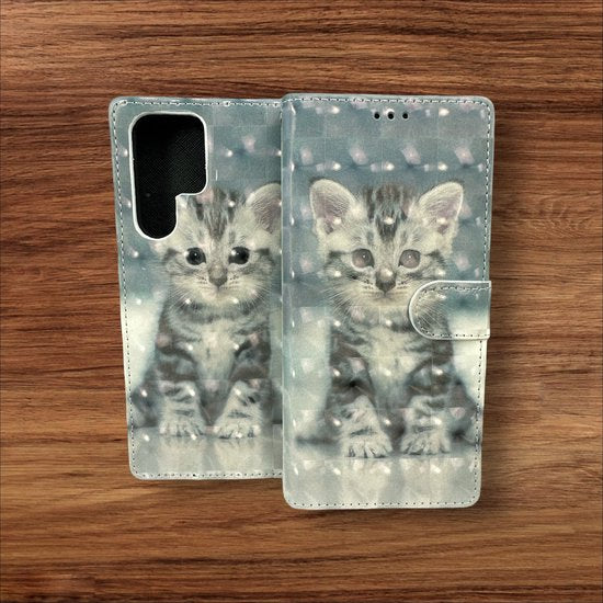 Samsung Galaxy S22 Ultra Hoesjes – Portemonnee Bookcase – Pasjeshouder – Magneetsluiting – Kat Print-Ilumina Benelux