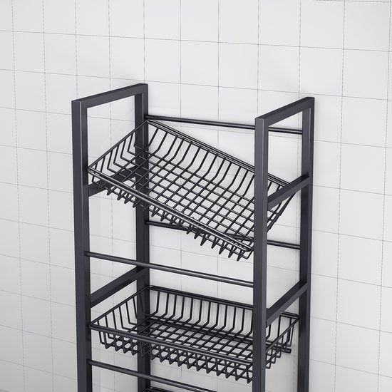 Opbergrek 4-laags – Inklapbare planken – Met wielen – Stevig staand rek voor keuken/badkamer/woonkamer – Zwart-Opbergrek-Ilumina Benelux