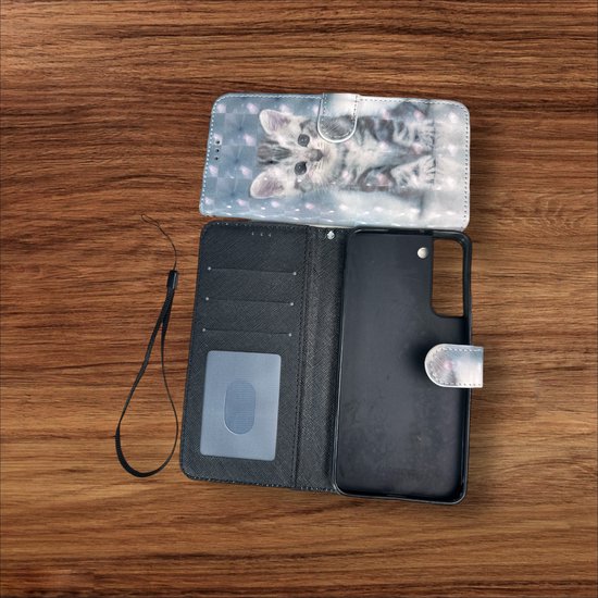 Samsung Galaxy S21 FE Hoesjes – Portemonnee Book Case – Pasjeshouder – Magneetsluiting – Kat Print-Ilumina Benelux