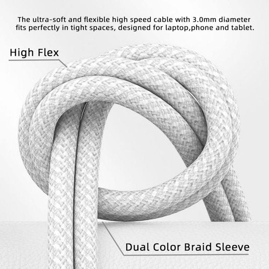 USB-C Oplaadkabel – Geschikt voor iPhone 15/16 & Samsung – Nylon Gevlochten – 66W Snelladen – 2 Meter – Wit-USB-Kabels-Ilumina Benelux