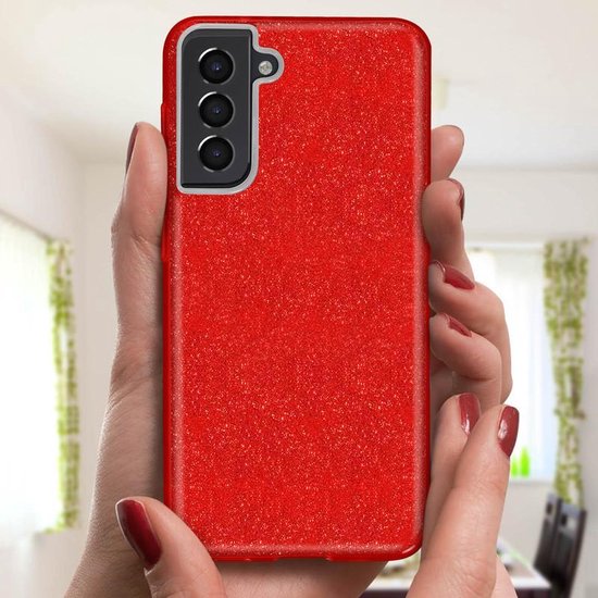 Samsung Galaxy S21 Hoesjes – Siliconen TPU Backcover – Glitter BlingBling – Rood-Ilumina Benelux