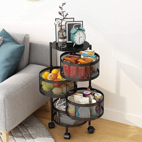 Keuken opbergrek – 5-laags draaibare fruit- en groentemand – Met wielen – Metalen opslagmand 180° – Zwart-Kast-Ilumina Benelux