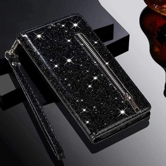 Glitter Wallet Case Geschikt voor: Samsung Galaxy A05s Hoesje met Rits, Koord en Pasjeshouder - Zwart