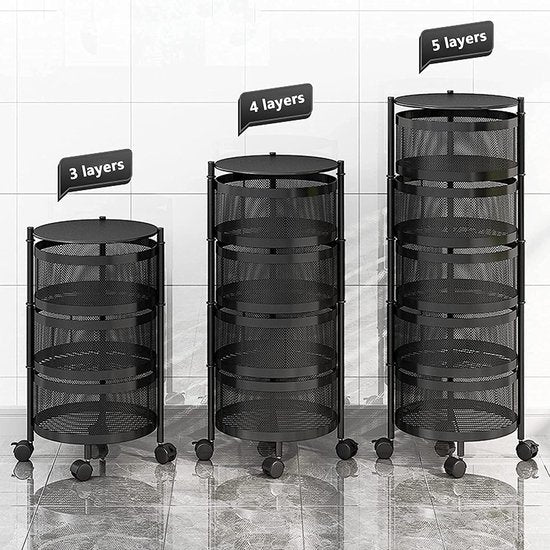 Keuken opbergrek – 5-laags draaibare fruit- en groentemand – Met wielen – Metalen opslagmand 180° – Zwart-Kast-Ilumina Benelux