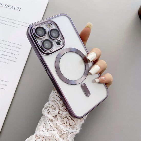 iPhone 15 Hoesjes – Magnetische Clear Siliconen Backcover – Camera Lens Protector – MagSafe – Paars-Ilumina Benelux