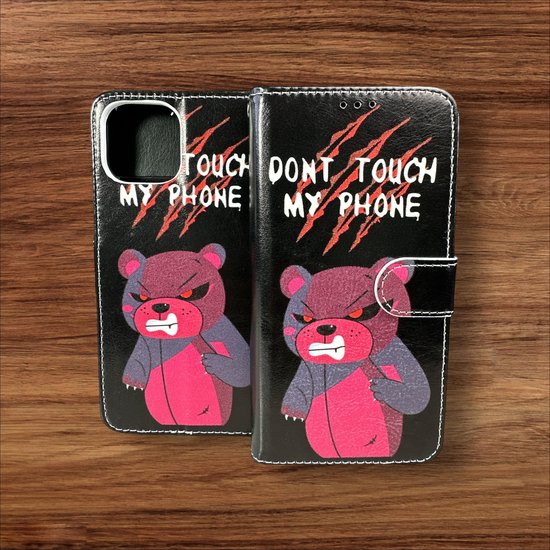 iPhone 14 Hoesjes – Portemonnee Book Case – Pasjeshouder – Don't Touch My Phone Print-Ilumina Benelux