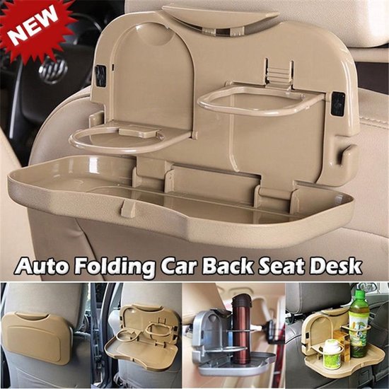 Achterbank autotafel – Hoofdsteun tafelblad met bekerhouder – Eten & drinken – Opvouwbaar – Beige