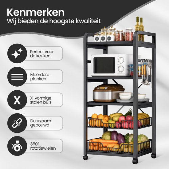 Keukenrek – Velox Goods VL-523 4-Laags Opbergrek met Magnetronplank – Metalen Staand Rek – Zwart-Keukenmeubelset-Ilumina Benelux