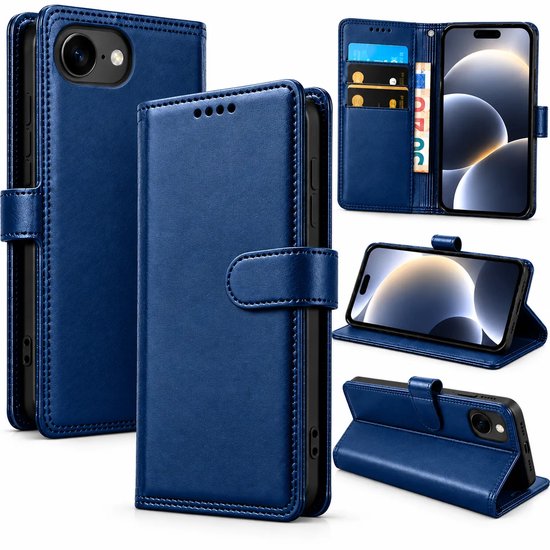 Bookcase Hoesje Geschikt voor iphone 17E / 16E- Luxe PU Kalfsleer Telefoonhoes- Portemonnee Hoesje met Kaartvakken, Contant Geldvak, Magneetsluiting & Standaardfunctie - Blauw