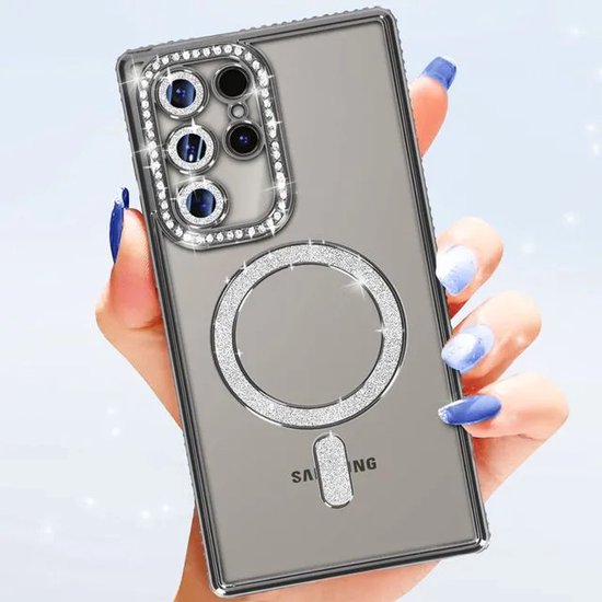 Samsung Galaxy S23 Ultra Hoesjes – MagSafe Glitter Backcover – Strass Diamantjes – Glamour – Zwart-Ilumina Benelux