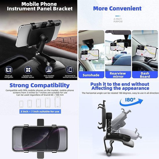 Telefoonhouder auto – Dashboardhouder met veerclip – 360° draaibaar – Voor 4-7 inch smartphones – Zwart-Ilumina Benelux