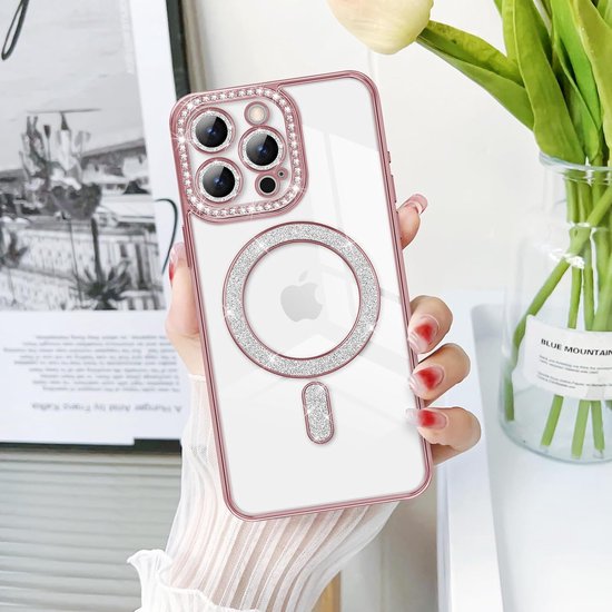 iPhone 16 Pro Hoesjes – Glitter Backcover – Schokbestendig – MagSafe – Roségoud-Ilumina Benelux