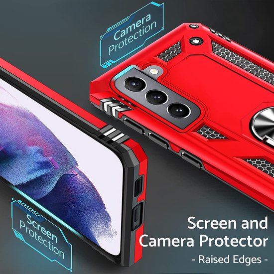 Samsung Galaxy S22 Hoesjes – Anti-Shock Hybride Ring Armor Backcover – Schokbestendig – Rood-Ilumina Benelux
