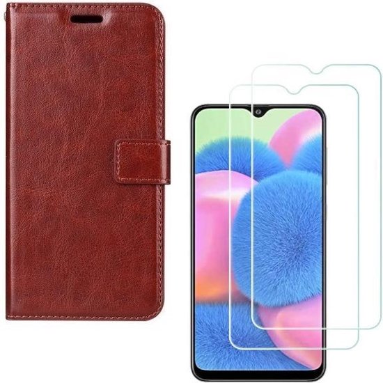 Bookcase hoesje Geschikt voor: Samsung Galaxy A50S Portemonnee Bruin met 2x Glas Screenprotector