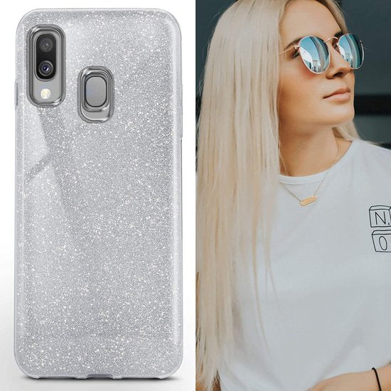 Samsung Galaxy A40 Hoesjes – Siliconen TPU Backcover – Glitter BlingBling – Schokbestendig – Zilver-Ilumina Benelux