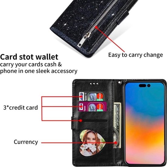iPhone 14 Pro Hoesjes – Glitter Portemonneehoes – Rits & Koord – Pasjeshouder – Zwart-Ilumina Benelux