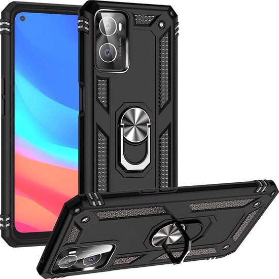 Oppo A76 Hoesjes – Anti-Shock Hybride Ring Armor Backcover – Schokbestendig – Zwart-Ilumina Benelux