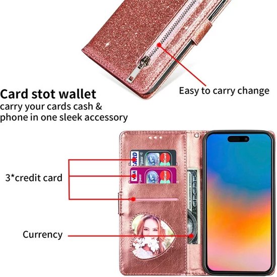 iPhone 13 Mini Hoesjes – Glitter Portemonnee Hoes – Rits & Koord – Roségoud-Ilumina Benelux