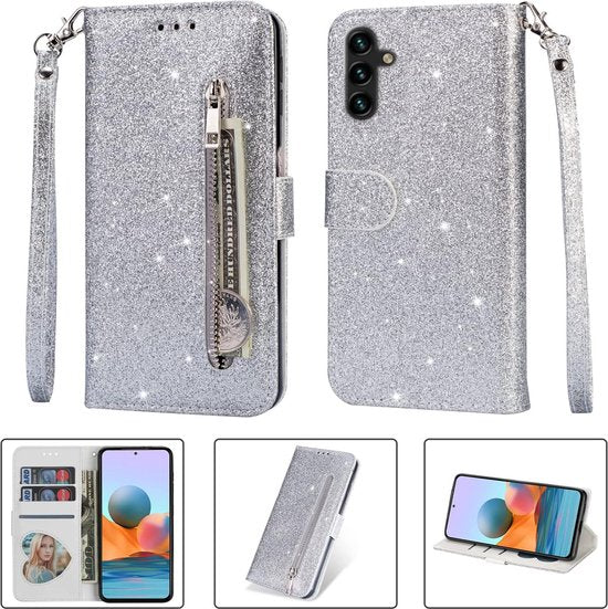 Glitter Wallet Case Geschikt voor: Samsung Galaxy A15 Hoesje met Rits, Koord en Pasjeshouder - Zilver
