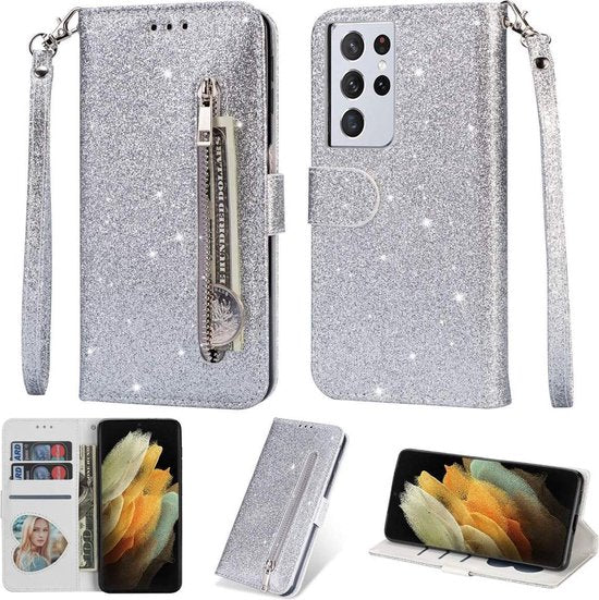 Samsung Galaxy S21 Ultra Hoesjes – Glitter Portemonnee Case – Rits & Koord – Pasjeshouder – Zilver-Ilumina Benelux